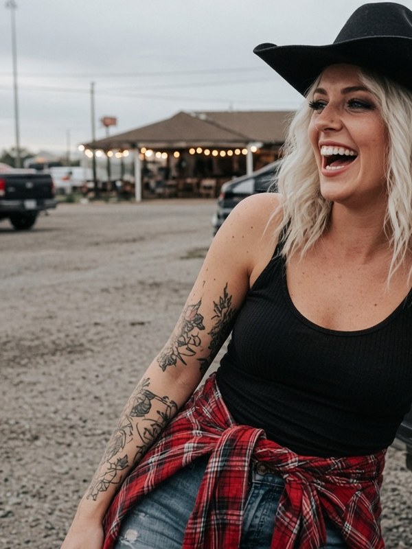 Cara Vale laughing outdoors in a black cowboy hat and tank top, plaid shirt tied at her waist, floral tattoos on her arms.